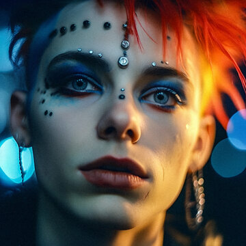 Postpunk Androgyny - A Generative AI Portrait - A striking generative AI portrait of a young androgynous individual with light-colored eyes, embodying the essence of postpunk and new wave