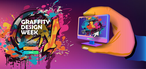 Horizontal web banner of graffiti design Week with an office computer in hand