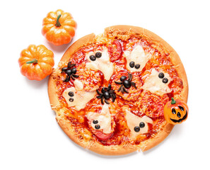Tasty pizza for Halloween celebration on white background