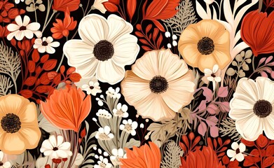 Wild flowers boho style pattern, warm color palette. Generative AI.