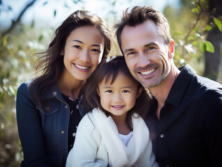 Casual close-up portrait of mixed-race family of white father, asian mother, and biracial daughter. All are looking at the camera and smiling. - Powered by Adobe