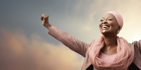 Beautiful bald woman fighting breast cancer, powerful woman and clasps her arms like a survivor.