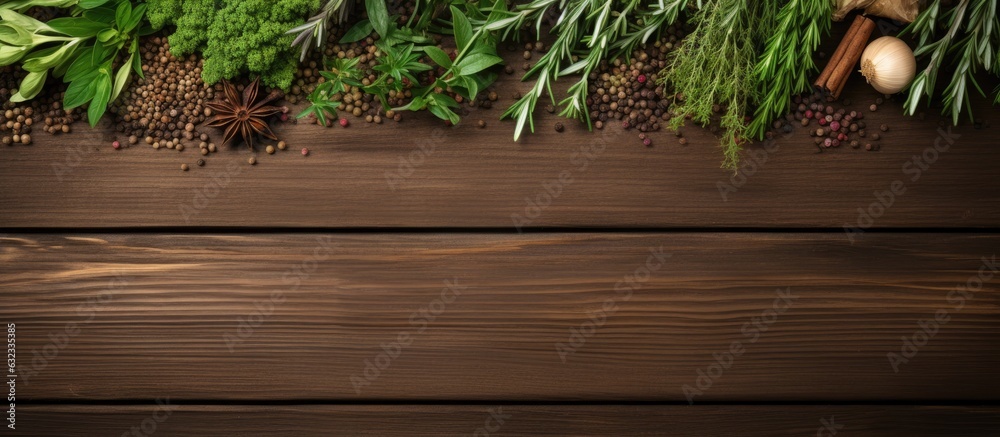 Poster fresh herbs and spices placed on a wooden table, seen from above, and with space for additional text