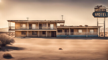 an abandoned motel on a highway in the desert - generative ai