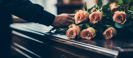 People and mourning concept.  Woman with rose flowers and coffin at funeral in church, digital ai - obrazy, fototapety, plakaty