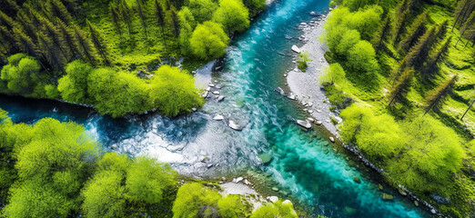 Aerial Vertical View Over The Surface Of A Mountain River. Beautiful natural scenery of river . drone aerial birds eye view of a large green grass forest with tall trees, digital ai