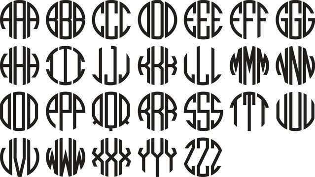 Round monogram font letter vector design set.