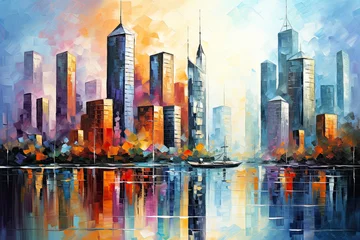 Keuken foto achterwand Abstract Oil Painting of Skyscrapers. Cityscape Paronarama. Canvas Texture, Brush Strokes. © fotoyou