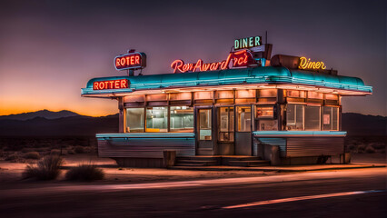 a vintage diner from the 1950´s with neon signs on a desert highway - generative ai - obrazy, fototapety, plakaty