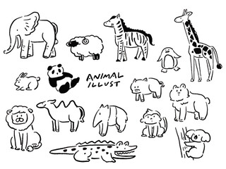 ゆるい手描き風動物のイラストセット(単色)