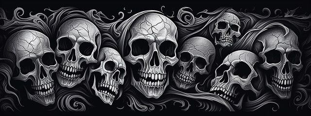 Skulls with wavy hair. Black and white illustration. selective focus. 