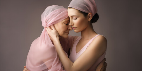 Mother, daughters and friends embrace in campaign for the prevention and treatment of breast cancer.