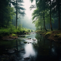 Obraz premium a forest river calm evening 