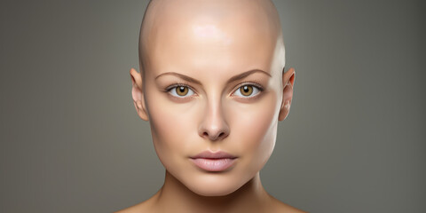 A beautiful bald woman undergoing chemotherapy in the prevention and treatment of breast cancer.