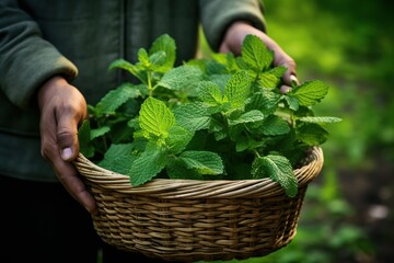 Female hands holding basket of fresh mint leafs in the garden