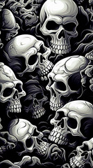 Seamless pattern with human skulls on black background. vertical illustration. selective focus. 