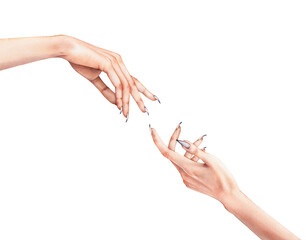 Realistic Elegant Watercolor Connecting Hands Illustration with long nails. High quality illustration - 632337554