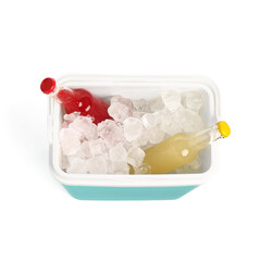 Modern beach cooler with ice cubes and bottles of cold drink on white background