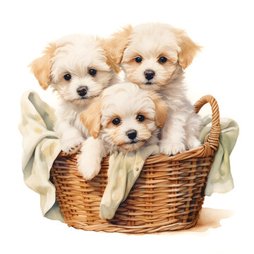 Three dog in the basket, water color style