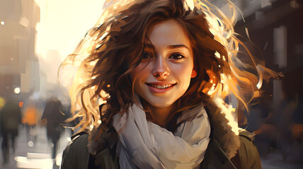 Portrait of a young cute girl. Illustration of a happy woman. Acrylic painting.