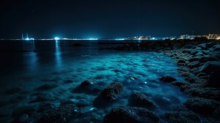 Photo of the blue sea at night, fabulous neon glow from under the water. Generative AI