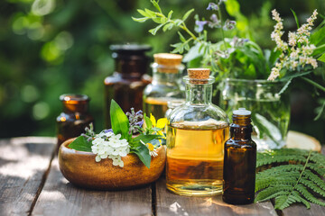 Concept of alternative herbal medicine. Bottles of tincture or potion, organic essential oils, dry...