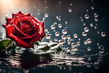 red rose with water droplets, A highly realistic rose, adorned with glistening water droplets, presents a mesmerizing sight - Powered by Adobe
