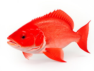 Fototapeta premium Un pez rojo sobre un fondo blanco liso y aislado. vista de frente y de cerca. Copy space. IA Generativa 