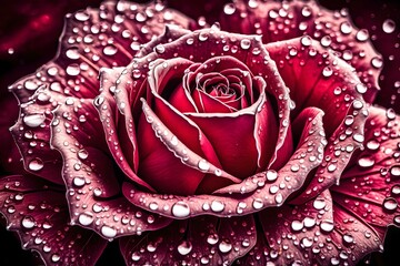 red rose with water droplets, A highly realistic rose, adorned with glistening water droplets, presents a mesmerizing sight