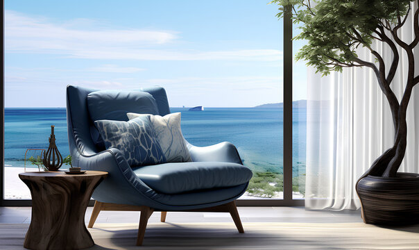 Coastal interior design of modern sea view chair with navy blue pillows - generative AI