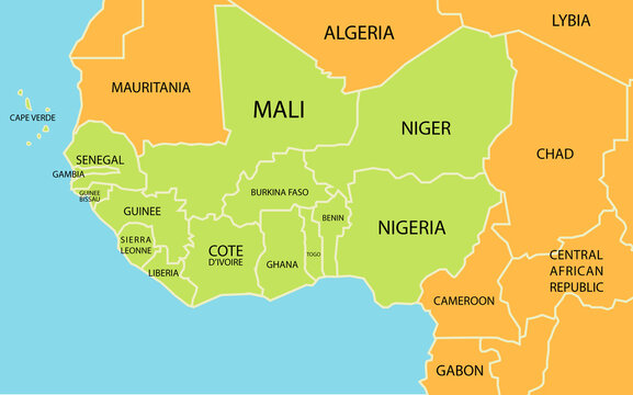The Economic Community of West African States Map close up. Ecowas brings together 15 Countries. Flat illustration graphic design.