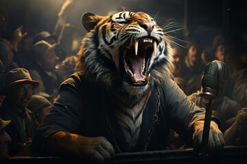 A tiger who is a politician shouting into a microphone at a demonstration