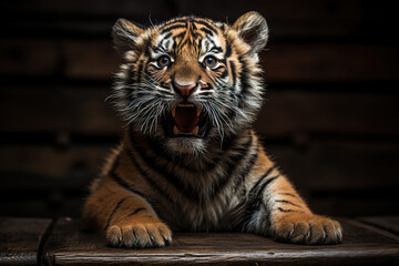 A tiger cub or baby tiger roaring while lying down on a wooden board