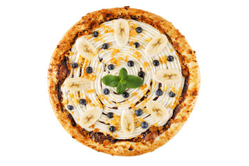 appetizing sweet baby pizza with banana and blueberries on white background, studio shot 2