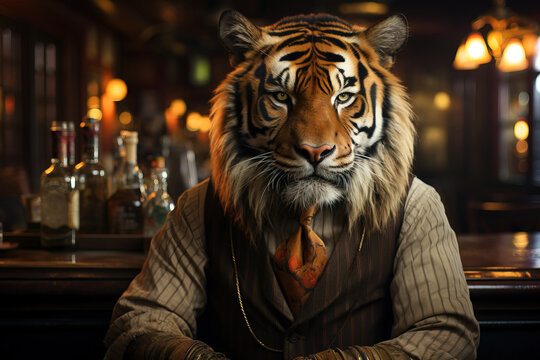A bartender with a tiger head working at the bar of a classic bar
