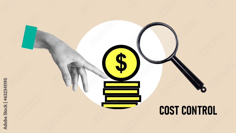 Poster cost control is shown using the text and photo of magnifying glass and coins