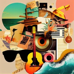 Summer Music Collage, Surreal Contemporary Poster, Drawing Imitation, Abstract Generative AI Illustration