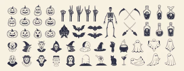 Fotobehang Retro compositie Halloween icons set. 57 Halloween vintage icons and silhouettes isolated on white background. Elements for logo, emblem, poster, banner, invitation, background design. Vector illustration