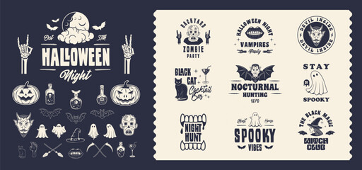 Halloween vector set. Set of 10 halloween logo templates and 24 design elements for Spooky Party emblems, invitations. Prints for t-shirt, typography. Vector illustration	