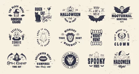 Fotobehang Collection of halloween logo, badges and labels. Halloween signs set for poster, emblem, party invitation designs. Print for t-shirt, tee. 15 spooky logo designs. Vector illlustration © Denys Holovatiuk