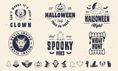 Halloween logo templates and 13 design elements. Halloween spooky and funny emblems templates. Devil, witch, Pumpkin, vampire, ghost, zombie hand, witch hat icons.Vector illustration