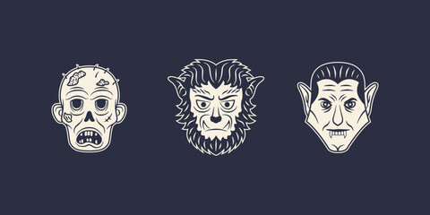 Halloween characters icons set. Vampire, Zombie, Werewolf. Halloween icons isolated on black background. Design elements for logo, poster, emblem. Vector illustration