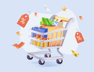 3D shopping cart with products for online shopping and digital marketing, big sale. 3d basket shop cart with presents and discount labels, shopping bag buy sell discount 3d vector banner illustration © RedVector