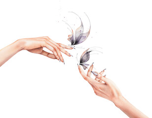 Realistic Elegant Watercolor Connecting Hands Illustration with gothic butterflies. High quality illustration - 632342758