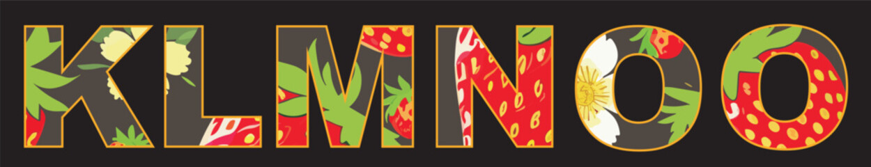 A set of vector letters of english alphabet KLMNO 
with strawberries pattern from flowers and berry for t-shirt.
Fashionable summer women's (child) font with
print for clothes, fabric, textile, paper.