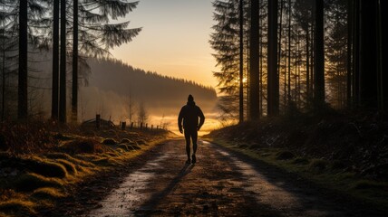 A person walking down a dirt road in the woods. AI.