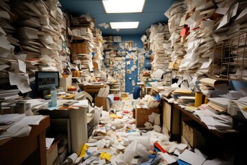 A room filled with lots of papers and boxes. AI.