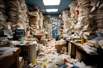 A room filled with lots of papers and boxes. AI. - Powered by Adobe