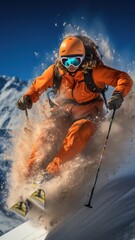 A person in an orange jacket skiing down a mountain. AI.
