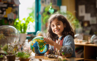 Girl schoolgirl doing homework ecological project about environmental protection in the classroom, back to school concept
